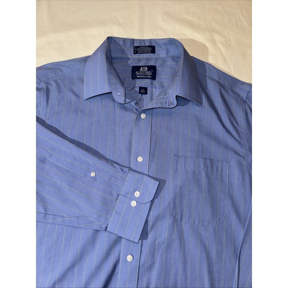 Stafford‎ Dress Shirt 16.5 Blue Green Striped Long Sleeve Button Up Wrinkle Free